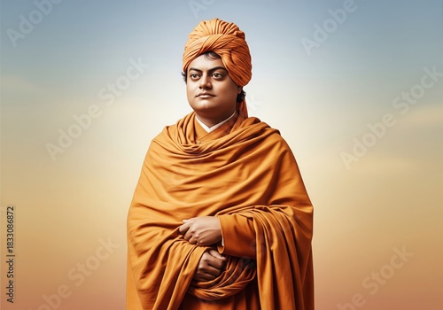 Swami Vivekananda Portrait. Semi-Realistic 3D Warm Cinematic Look.