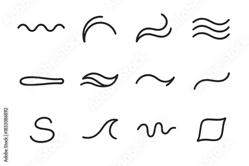 Fluid Motion Symbols. Fluid Movement Symbols linear icon set: wave glide, curved motion arc, soft drift trail, rhythmic ripple, continuous beam, flow ribbon, balanced curve