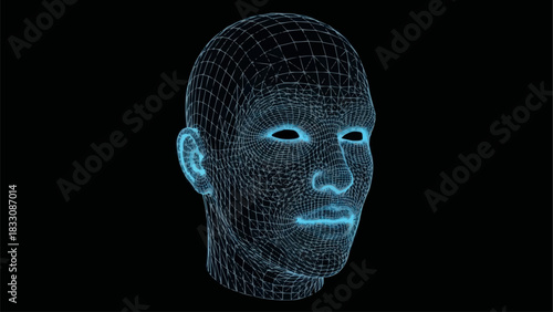 Digital wireframe human head with glowing blue features on a dark background.