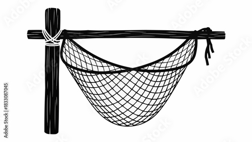 Monochrome woodcut style hammock for relaxation and rest.