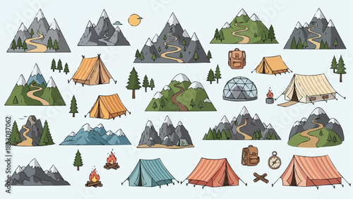 Collection of Camping Tents and Mountain Landscapes.