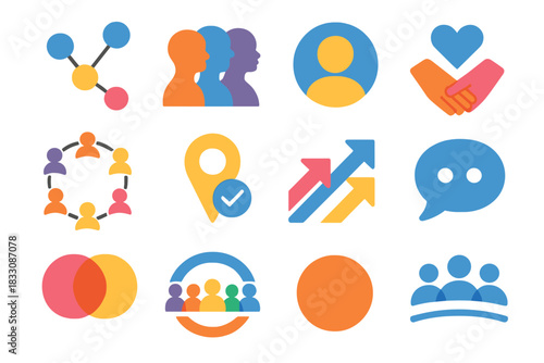 Social Identity Symbols. Social Identity Dynamics Elements Set flat icon set: connection nodes, diverse silhouettes, identity circle, shared values icon, community ring, role