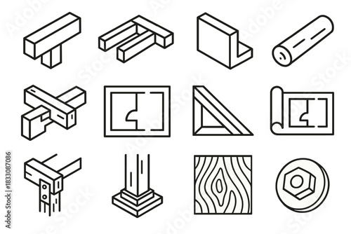 Architectural Outline Sketch. Architecture details linear icon set. ceiling beam, floor joist, cross section, dowel, joint cut, plan sketch, triangle brace, blueprint, beam