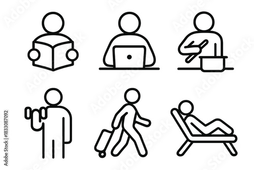 Activity Outline Icons. People Activities Set linear icon set: reading figure, working figure, cooking figure, exercising figure, traveling figure, relaxing figure