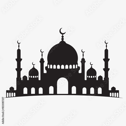 Black silhouette of a mosque with domes and minarets
