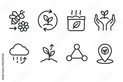 Garden Ecosystem Icons. Garden Ecosystems Interactions linear icon set: pollination arrow, nutrient cycle loop, compost icon, symbiosis hands, rain cycle, growth arc, food web node