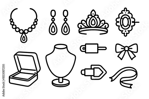 Luxury Jewelry Icons. Luxury Collection linear icon set. necklace, earrings, tiara, brooch, velvet box, display stand, clasp, satin ribbon