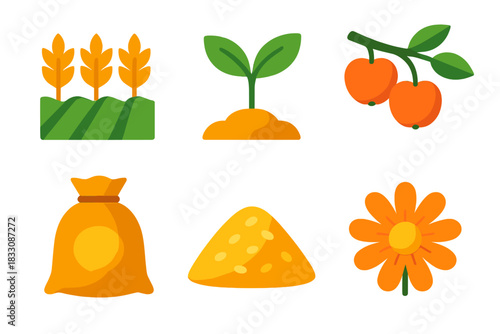 Vibrant Harvest Icons. Harvest flat icon set: crop row, seedling sprout, orchard branch, farm sack, grain pile, autumn bloom