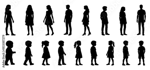 Children and Teenagers Silhouettes Set. Vector flat illustrations of babies, toddlers, kids and teenagers. Boys and girls arts
