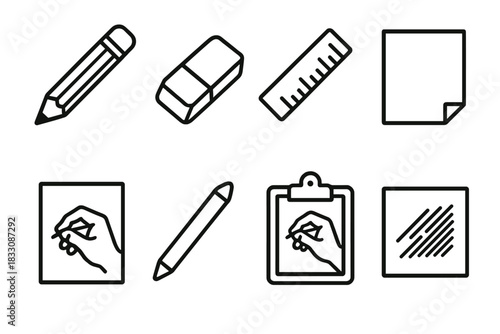Drawing Tools Icons. Drawing Lessons linear icon set: pencil, eraser, ruler, paper sheet, hand sketch, shading tool, clipboard, line art