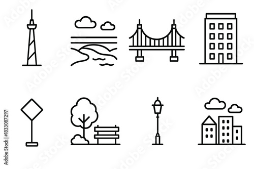 Minimalist Urban Outline. Urban skyline concept linear icon set: tower, river, bridge, apartment block, traffic sign, park, lamppost, cityscape , minimalist architectural precision