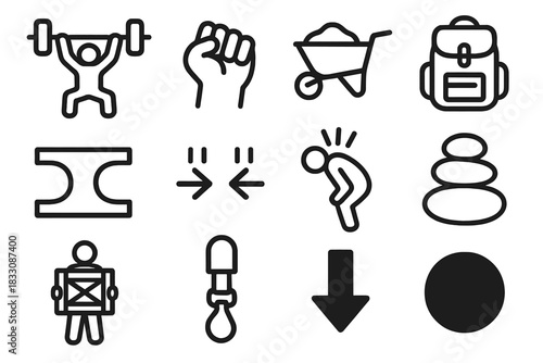 Load Icon Set. Physical Load Icons linear icon set: lifted weight, strained grip, full wheelbarrow, packed bag, load-bearing beam, tension lines, burdened shoulders, stacked stones