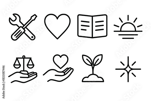 Mindful Living Icons. Labor Day purposeful living elements linear icon set: mindful tools, heart symbol, open planner, sunrise icon, balanced scale, community hand, growth leaf