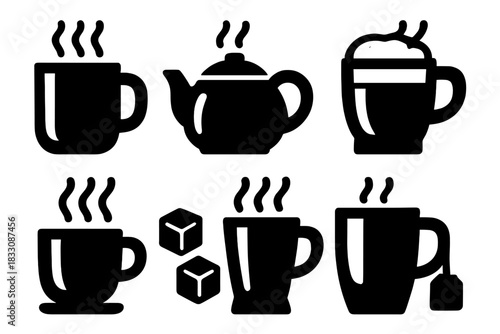 Brutalist Beverage Icons. Hot Beverages silhouette icon set. coffee mug, teapot, cappuccino, latte, cocoa cup, steaming cup, sugar cubes, tea bag.