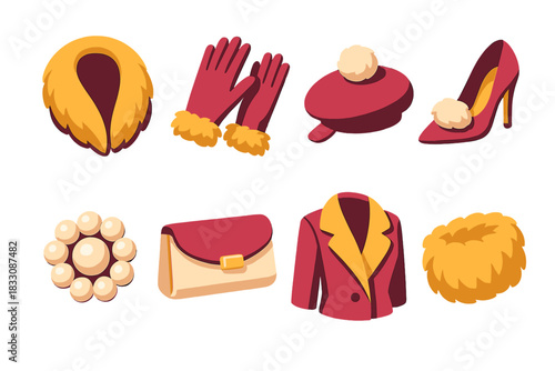 Chic Fur Accessories. Elegant Fur Fashion flat icons set. fur collar, fur-trimmed gloves, beret with pom, high heels with fur detail, pearl brooch, satin clutch, coat lapel, warm