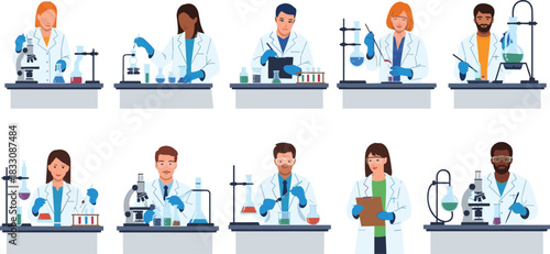 Diverse scientists in lab coats conduct experiments with microscopes and beakers