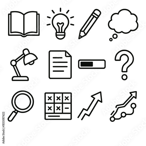Active Learning Icons. Active Learning linear icon set: open book, idea spark, pencil line, thought bubble, study lamp, notes page, progress bar, question mark, clarity lens