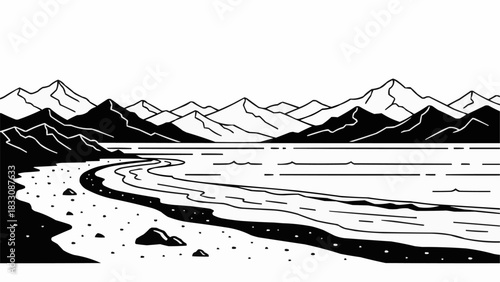 Serene Lakeside Landscape with Majestic Mountains and Rocky Shoreline.