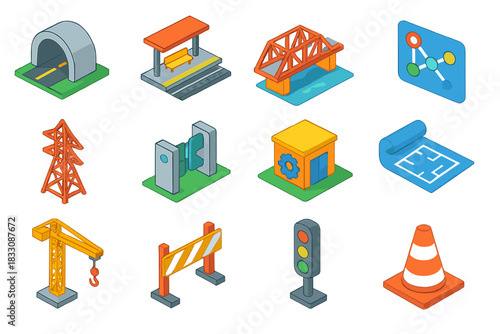 Modern Infrastructure Icons. Infrastructure design flat icons set. tunnel, station platform, bridge, route map, pylon, entrance gate, maintenance hub, blueprint, crane, safety