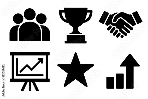 Team Success Icons. Team success silhouette icon set: group of people, trophy, handshake, chart board, star, upward arrow