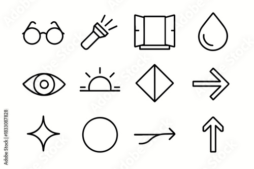 Clarity Icons Collection. Pure Clarity linear icon set: clear lens, bright beam, open window, clean line, clarity droplet, focused eye, horizon glow, aligned shapes, crisp arrow
