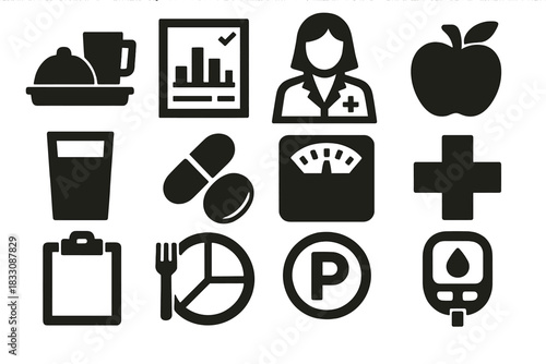 Brutalist Nutrition Icons. Clinical Nutrition silhouette icon set. hospital tray, diet plan chart, nutritionist, apple, water cup, vitamins, scale, medical cross, clipboard, meal
