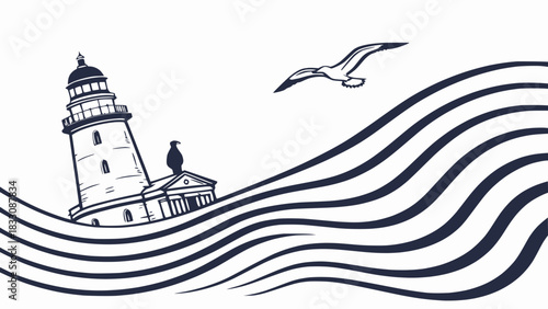 A charming illustration of a lighthouse waves and a soaring seagull