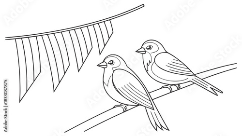 Two birds perched on a branch beneath hanging pennant banners