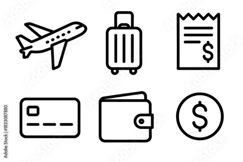 Travel Essentials Icons. Travel expenses linear icon set. airplane, suitcase, receipt, credit card, wallet, dollar coin.