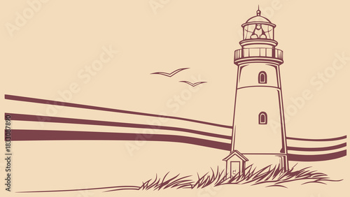 A vintage illustration of a coastal lighthouse with birds and waving lines