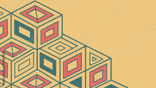 Geometric pattern of interlocking cubes in shades of coral and teal