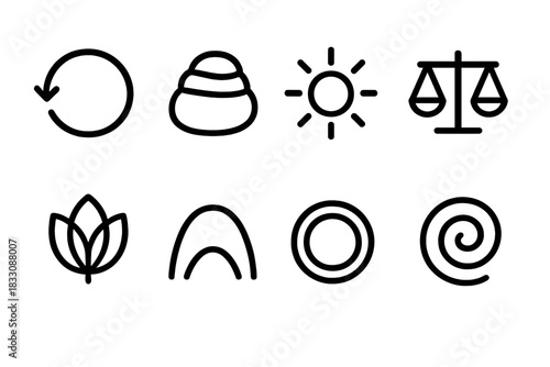 Symbols of Inner Renewal. Inner renewal symbols linear icon set: renewal loop, grounding stone, soft glow, balanced scale, unfolding petal, harmony arc, energy ring, mindful swirl
