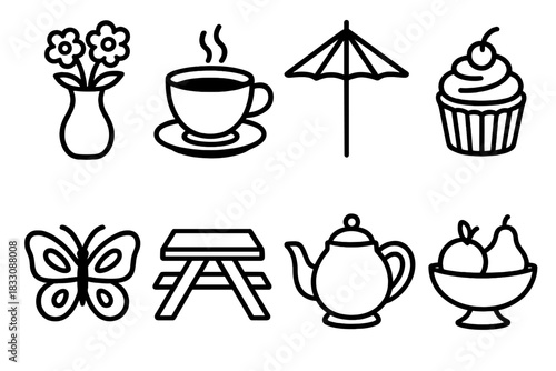 Garden Picnic Icons. Garden Gathering linear icon set: flower vase, teacup, parasol, cupcake, butterfly, picnic table, teapot, fruit bowl