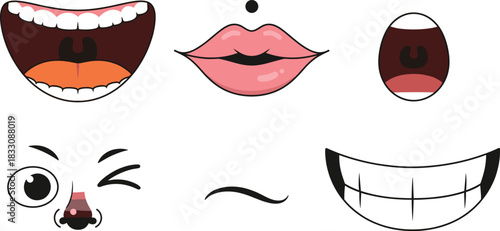 Collection of expressive cartoon mouth and face features vector illustrations, including open mouth laughing, winking eye, closed lips, and wide smile for animation, emoji, and communication concepts