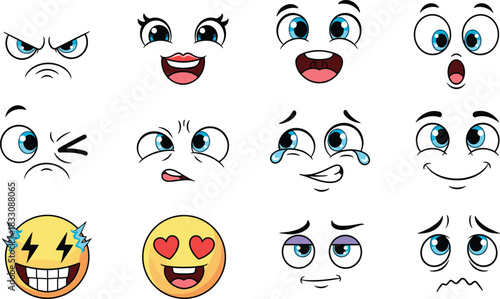 Mega collection of sixteen expressive cartoon face expressions vector set, including angry, happy, shocked, crying, silly, and love-heart eyes, perfect for emoticons, avatars, and emotional concepts.
