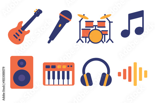 Modern Music Icons. Live Music Pack set flat icons set. electric guitar, microphone, drum set, music note, speaker, keyboard, headphones, sound wave