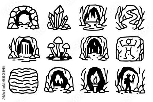 Cave Icon Discovery. Hidden Cave Wonders linear icon set: stone arch, crystal shard, reflection pool, winding path, underground waterfall, glowing fungus, echoing hall, ancient