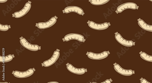 Cartoon sausages forming a vibrant seamless pattern on a dark brown background for diverse culinary design projects