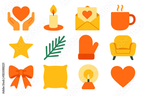 Cozy Icon Collection. Loving Openness flat icon set : heart hands, candle flame, folded letter, warm mug, glowing star, pine branch, wool mitten, cozy chair, ribbon bow, soft