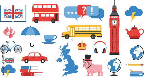 Comprehensive United Kingdom vector set featuring the Union Jack flag, Big Ben clock tower, double-decker bus, map outline, royal crown, English bulldog, and classic tea kettle icons
