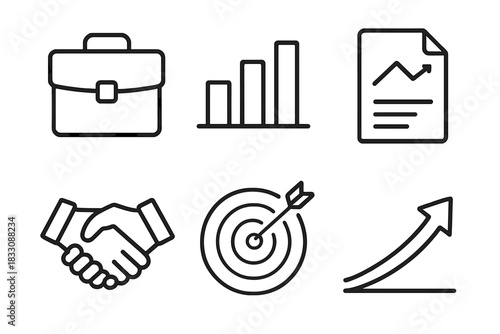 Business Success Icons. Business confidence linear icon set. briefcase, bar chart, document chart, handshake, target board, upward arrow.