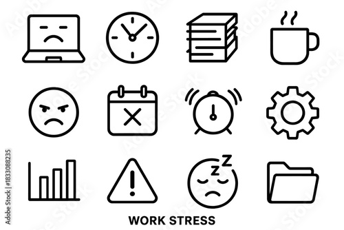 Stress Icons Collection. Work Stress linear icon set. laptop, clock, paper pile, coffee cup, angry face, calendar, alarm bell, gear, bar chart, exclamation sign, folder, fatigue