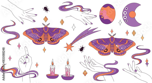 Occult and witchcraft vector set with stylized purple and orange moths, magical hands, glowing candles, comet, and moon phases for mystical, celestial, and spiritual concepts
