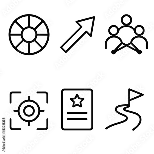 Purpose Alignment Icons. Purpose Alignment Set linear icon set: values wheel, intention arrow, team connection lines, focus icon, principle card, steady path