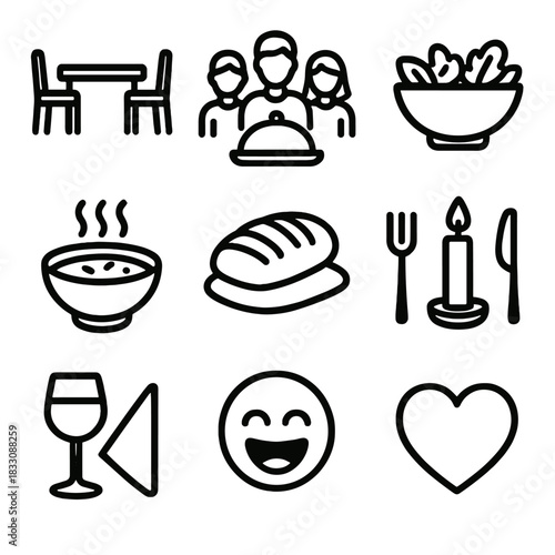 Outline Family Meal Icons. Family mealtime linear icon set. dining table, chairs, serving dish, salad bowl, soup, bread, candle, plate setting, wine glass, napkin, laughter face