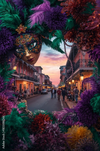 Colorful Mask Decorates Vibrant Street During Local Celebration at Sunset in ...