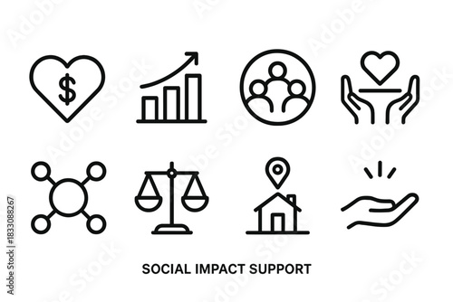 Social Impact Icons. Social Impact Support linear icon set: heart economy icon, impact chart, community circle, support beam, shared value node, equity scale, local benefit symbol