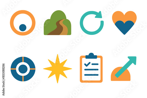 Intentional Living Symbols. Labor Day intentional living symbols flat icon set: harmony circle, grounded path, renewal arrow, unity heart, focus ring, guiding star, balanced