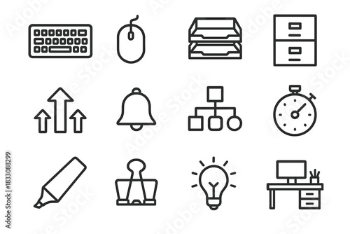 Office Essentials Icons. Office Efficiency Icons linear icon set: keyboard, mouse, document tray, filing cabinet, prioritization arrow, reminder bell, workflow chart, timer