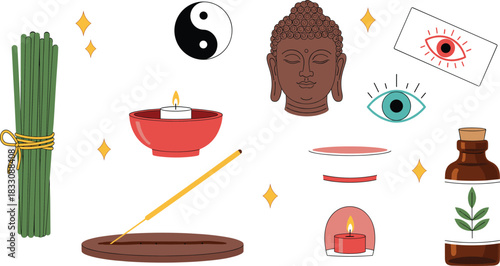 Flat design spiritual and meditation vector set featuring Buddha head, Yin Yang symbol, incense sticks, essential oil, third eye, and glowing candles for wellness and religious concepts.